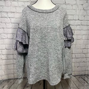 Sugarfox Grey Two Tone Woven Paisley Ruffle Outseam Women’s Medium Sweater